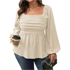image:imageFloerns Womens Plus Size Square Neck Lantern Long Sleeve Ruffle Hem Peplum Blouse TopApricot