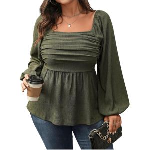 image:imageFloerns Womens Plus Size Square Neck Lantern Long Sleeve Ruffle Hem Peplum Blouse TopArmy Green