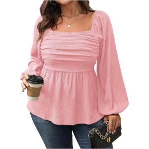image:imageFloerns Womens Plus Size Square Neck Lantern Long Sleeve Ruffle Hem Peplum Blouse TopDusty Pink