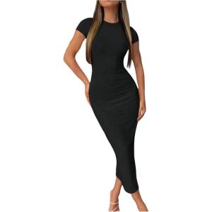 image:imageFloerns Womens Short Sleeve Bodycon Midi Dress Crew Neck Solid Y2k DressesBlack