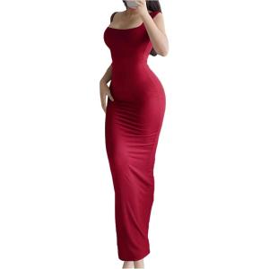 image:imageFloerns Womens Short Sleeve Bodycon Midi Dress Crew Neck Solid Y2k DressesRed