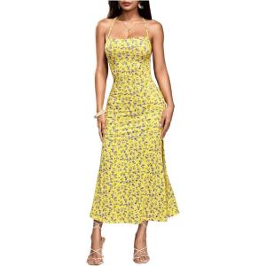 image:imageFloerns Womens Summer Blackless Floral Print Halter Neck Midi Dress Light Yellow Medium