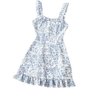 image:imageFloerns Womens Summer Cute Floral Dress Ruffle Trim Sleeveless A Line Short Cami DressBlue and White