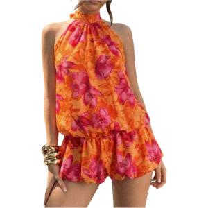 image:imageFloerns Womens Y2k Summer Halter Dress Tie Open Back Sleeveless Ruffle Hem Bubble Going Out Mini DressesOrange