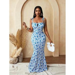 image:imageWomens Summer Floral Milkmaid Beach Maxi Dresses Tie Shoulder Fishtail Hem Long Dress