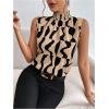 image:imageFloerns Womens Geo Print Sleeveless Vest Frill Trim Mock Neck Elegant Blouse TopsKhaki