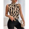 image:imageFloerns Womens Geo Print Sleeveless Vest Frill Trim Mock Neck Elegant Blouse TopsKhaki
