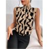 image:imageFloerns Womens Geo Print Sleeveless Vest Frill Trim Mock Neck Elegant Blouse TopsKhaki