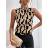 image:imageFloerns Womens Geo Print Sleeveless Vest Frill Trim Mock Neck Elegant Blouse TopsKhaki