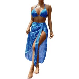 image:imageFloerns Womens 3 Piece Bikini Set Tie Dye Halter String Swimsuit with Beach Cover Up SkirtBlue