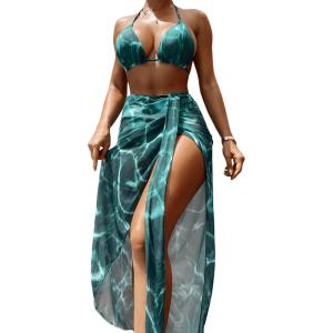 image:imageFloerns Womens 3 Piece Bikini Set Tie Dye Halter String Swimsuit with Beach Cover Up SkirtGreen