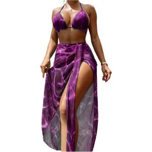image:imageFloerns Womens 3 Piece Bikini Set Tie Dye Halter String Swimsuit with Beach Cover Up SkirtPurple