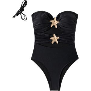 image:imageFloerns Womens Cut Out One Piece Swimsuit Ruched Bust Bandeau Beach Bathing SuitBlack
