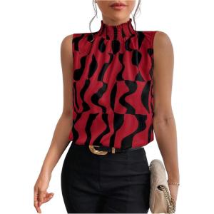 image:imageFloerns Womens Geo Print Sleeveless Vest Frill Trim Mock Neck Elegant Blouse TopsBurgundy