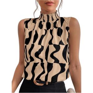 image:imageFloerns Womens Geo Print Sleeveless Vest Frill Trim Mock Neck Elegant Blouse TopsKhaki
