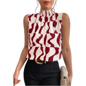 image:imageFloerns Womens Geo Print Sleeveless Vest Frill Trim Mock Neck Elegant Blouse TopsRed and White