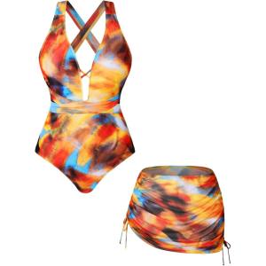 image:imageFloerns Womens Plus Size Tie Dye Criss Cross Tie Back Monokini Swimsuit with Beach Skirts Yellow 3XLarge Plus