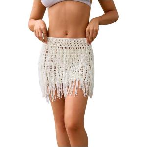 image:imageFloerns Womens Solid Hollow Out Fringe Hem Crochet Swim Beach Cover Up SkirtWhite