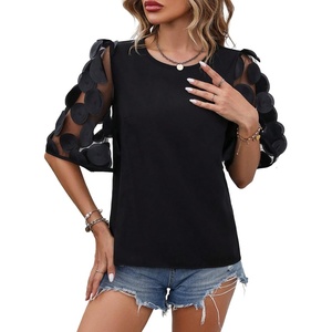 image:imageFloerns Womens Round Neck Half Sleeve Contrast Mesh Appliques Puff Sleeve Blouse TopBlack