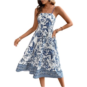 image:imageFloerns Womens Boho Floral Spaghetti Strap Dress Shirred Flared A Line Midi DressBlue and White