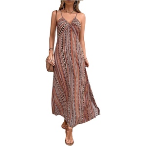 image:imageFloerns Womens Boho Spaghetti Strap Sundresses Sleeveless Cami Dress Criss Cross Summer Slit Vacation Maxi DressesBrown Multi