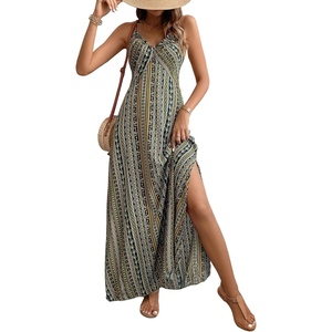 image:imageFloerns Womens Boho Spaghetti Strap Sundresses Sleeveless Cami Dress Criss Cross Summer Slit Vacation Maxi DressesGreen