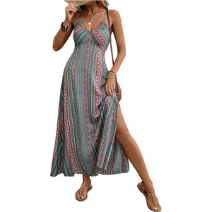 image:imageFloerns Womens Boho Spaghetti Strap Sundresses Sleeveless Cami Dress Criss Cross Summer Slit Vacation Maxi DressesGreen and Pink