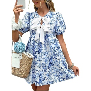 image:imageFloerns Womens Bow Puff Sleeve Tie Front Dresses Floral A Line Summer Short Babydoll DressesBlue and White