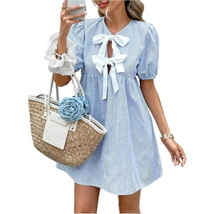 image:imageFloerns Womens Bow Puff Sleeve Tie Front Dresses Floral A Line Summer Short Babydoll DressesStriped Blue