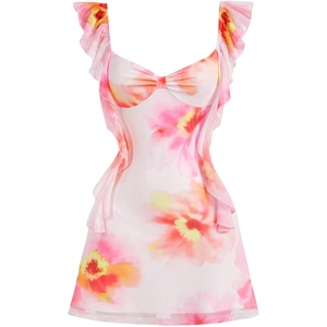 image:imageFloerns Womens Floral Ruffle Trim Cap Sleeve Mini Dress Sweetheart Neck A Line DressesPink