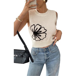 image:imageFloerns Womens Floral Sleeveless Sweater Vest Crew Neck Knitted Pullover TopsBeige