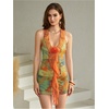 image:imageFloerns Womens Summer Mini Dress Ruffle Trim Deep V Neck Halter Floral Mesh Vacation DressesOrange