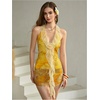 image:imageFloerns Womens Summer Mini Dress Ruffle Trim Deep V Neck Halter Floral Mesh Vacation DressesYellow