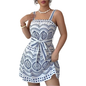 image:imageFloerns Womens Boho Cami Dress Belted Sleeveless A Line Beach Vacation Mini Casual Summer DressesBlue and White