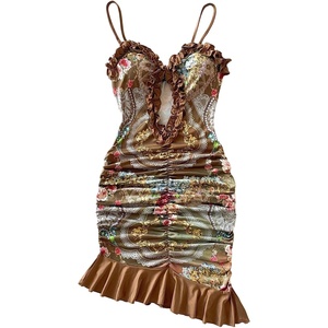 image:imageFloerns Womens Boho Floral Cut Out Mini Cami Dress Ruched Bodycon Ruffle DressesBrown Multi