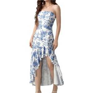image:imageFloerns Womens Floral Strapless Tube Dress Asymmetrical Ruffle Hem Bodycon Long DressesBlue and White