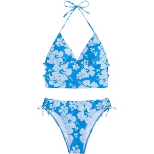 image:imageFloerns Womens Tankinis 2 Piece Floral Print Halter Tie Back Crop Top and Bottoms Bikini SetBlue
