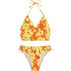 image:imageFloerns Womens Tankinis 2 Piece Floral Print Halter Tie Back Crop Top and Bottoms Bikini SetOrange and Yellow