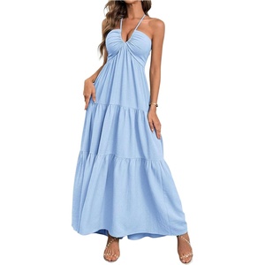 image:imageFloerns Womens Vacation Holiday Halter Long Dress Bowknot Back Ruffle Flowy Maxi Dresses