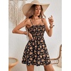 image:imageFloerns Womens Boho Floral Print Sleeveless Sundress Ruched Bust Flare Hem Vacation Cami Short DressBlack and Orange