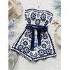 image:imageFloerns Womens Boho Floral Strapless Jumpsuit Sleeveless Vacation Short Belted RomperBlue White Multi