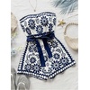 image:imageFloerns Womens Boho Floral Strapless Jumpsuit Sleeveless Vacation Short Belted RomperBlue White Multi