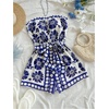 image:imageFloerns Womens Boho Floral Strapless Jumpsuit Sleeveless Vacation Short Belted RomperBlue and White