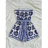 image:imageFloerns Womens Boho Floral Strapless Jumpsuit Sleeveless Vacation Short Belted RomperBlue and White