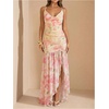 image:imageFloerns Womens Floral Cowl Neck Halter Dress Sleeveless Split Ruffle Vacation Maxi DressesApricot
