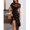 image:imageFloerns Womens Floral Mesh Short Sleeve Asymmetrical Hem Flared A Line DressBlack