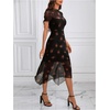 image:imageFloerns Womens Floral Mesh Short Sleeve Asymmetrical Hem Flared A Line DressBlack