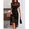 image:imageFloerns Womens Floral Mesh Short Sleeve Asymmetrical Hem Flared A Line DressBlack
