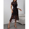 image:imageFloerns Womens Floral Mesh Short Sleeve Asymmetrical Hem Flared A Line DressBlack Ink