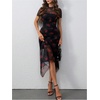 image:imageFloerns Womens Floral Mesh Short Sleeve Asymmetrical Hem Flared A Line DressBlack Ink